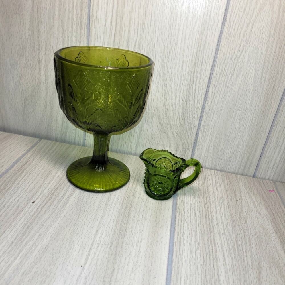 Vintage Avocado Green Glass Goblet Chalice Oak Leaf And Mini Petite Pitcher